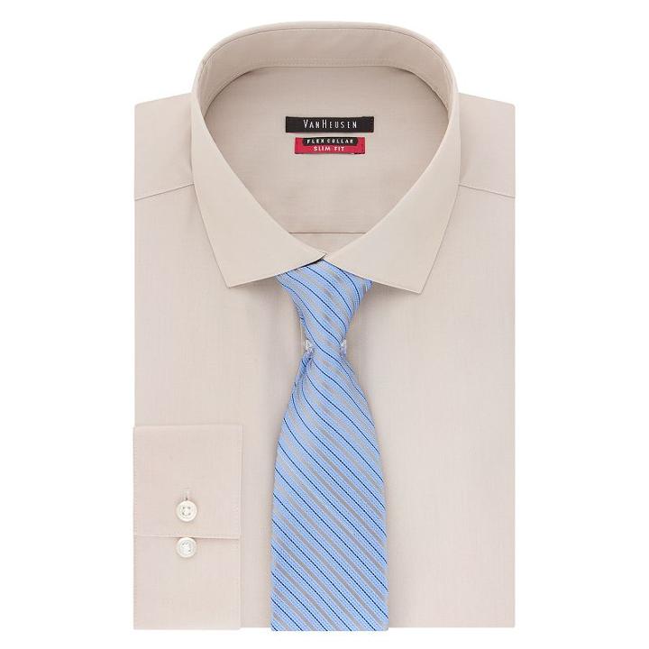 Men's Van Heusen Slim-fit Flex Collar Dress Shirt & Tie, Size: Xl-34/35, Lt Beige