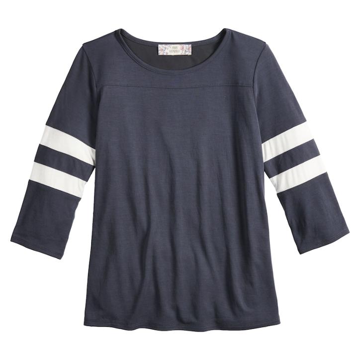 Girls' 7-16 & Plus Size Pink Republic Striped-sleeve Varsity Tee, Size: L Plus, Grey (charcoal)