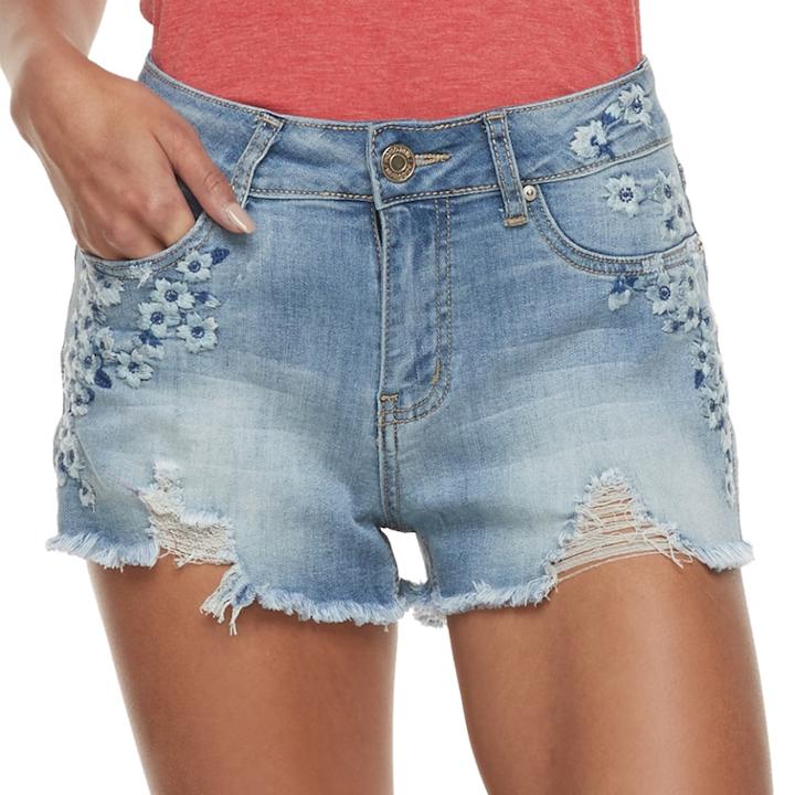 Juniors' Indigo Rein Embroidered Frayed Midrise Jean Shorts, Teens, Size: 5, Med Blue
