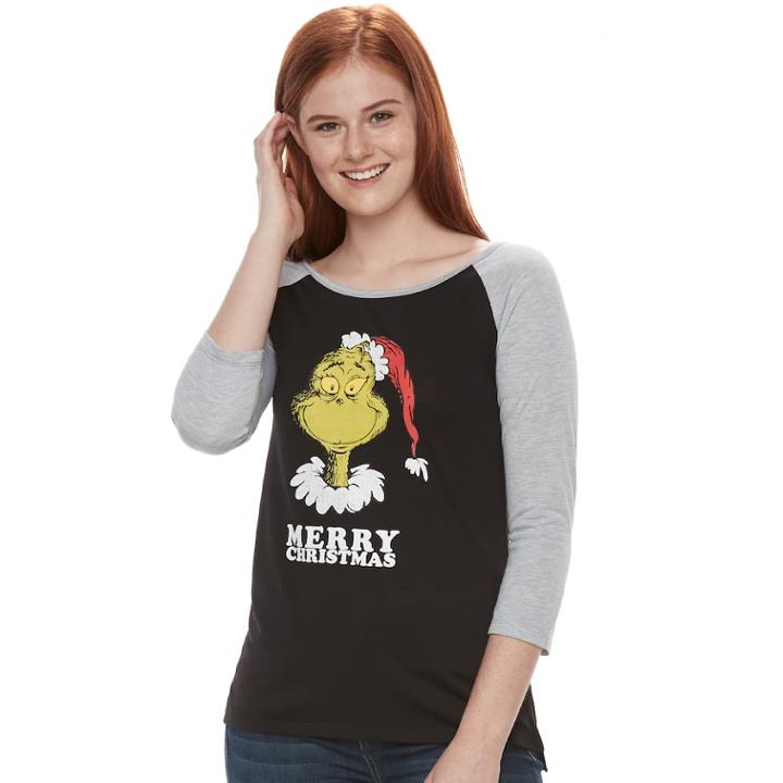 Juniors' Dr. Seuss Grinch Merry Christmas Raglan Graphic Tee, Teens, Size: Xs, Grey (charcoal)
