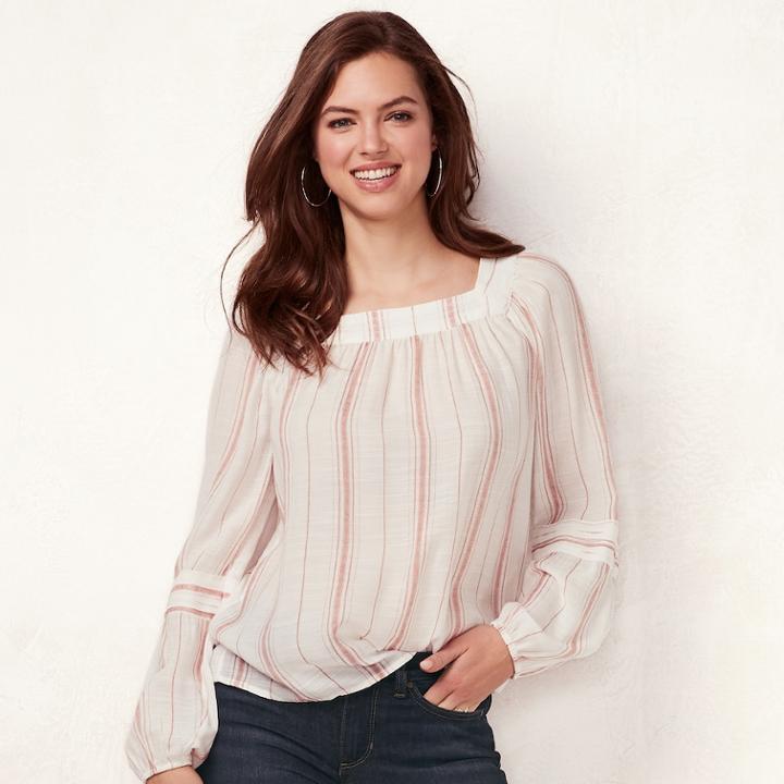 Women's Lc Lauren Conrad Love, Lauren Shirred Peasant Top, Size: Large, White