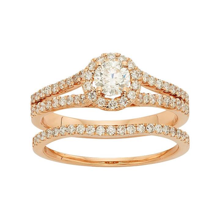Igl Certified Diamond Halo Engagement Ring Set In 14k Rose Gold (1 Carat T.w.), Women's, Size: 8.50, White