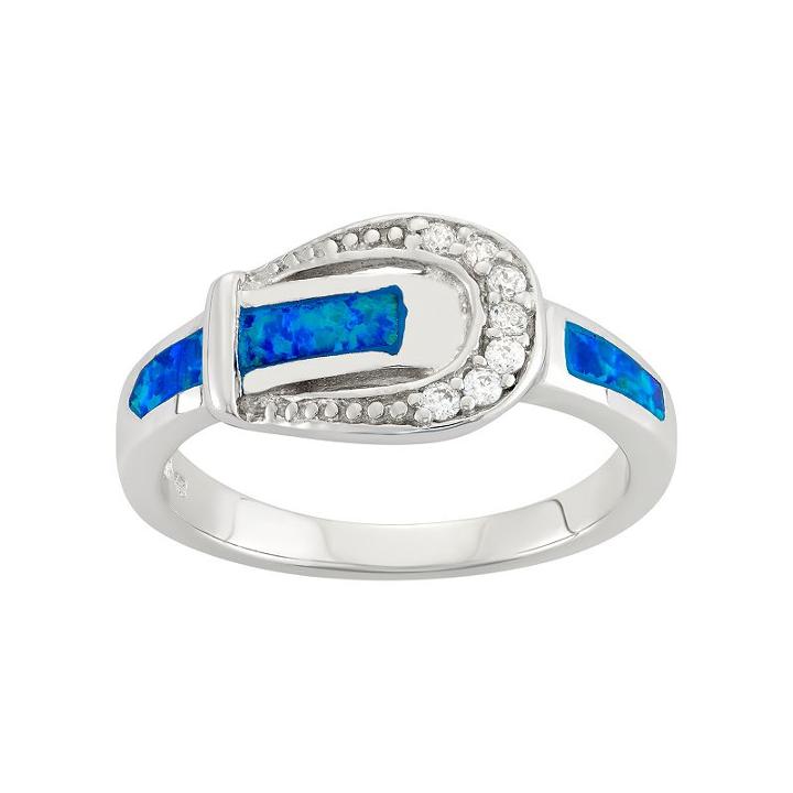 Cubic Zirconia & Lab-created Blue Opal Sterling Silver Buckle Ring, Women's, Size: 8