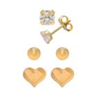 14k Gold Cubic Zirconia, Ball And Heart Stud Earring Set, Girl's
