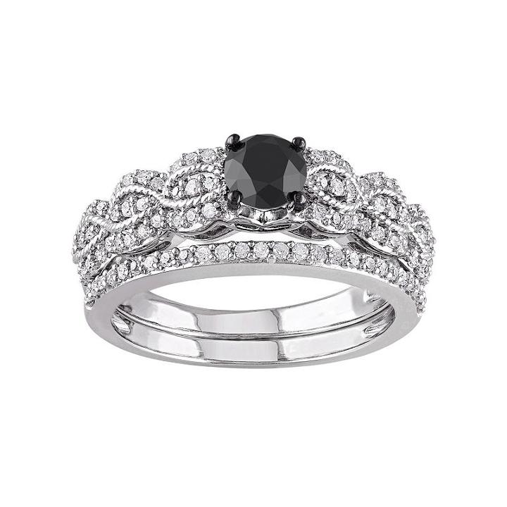 Black & White Diamond Scalloped Engagement Ring Set In Sterling Silver (1 Carat T.w.), Women's, Size: 7