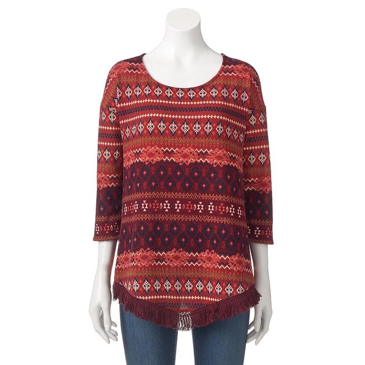 Women's Angels Print Fringe Top, Size: Large, Dark Pink