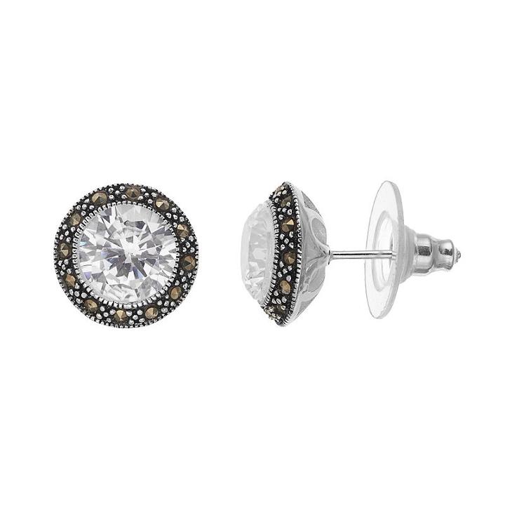 Silver Luxuries Cubic Zirconia & Marcasite Halo Stud Earrings, Women's, Grey