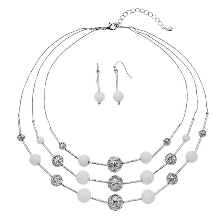 White Bead Multi Strand Illusion Necklace & Drop Earring Set, Women's