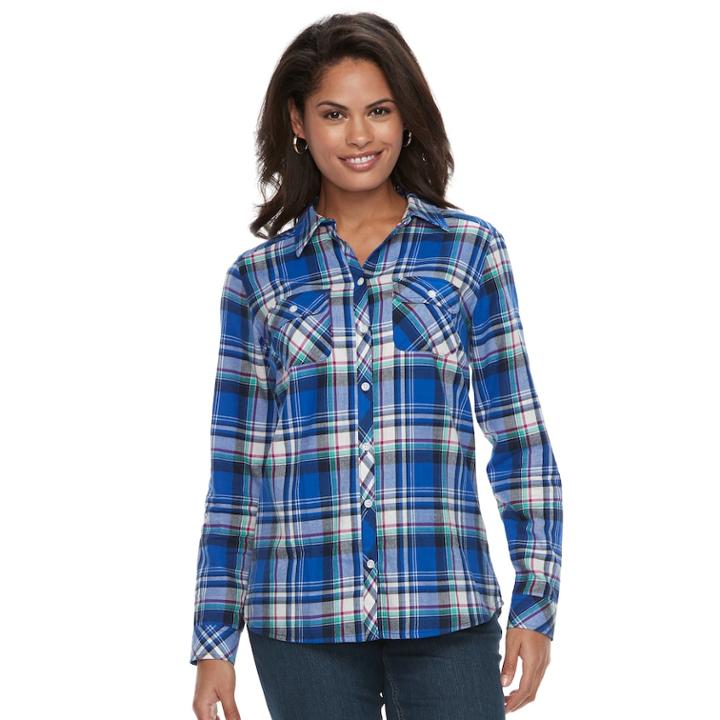 Women's Croft & Barrow&reg; Flannel Plaid Button-down Shirt, Size: Medium, Med Blue