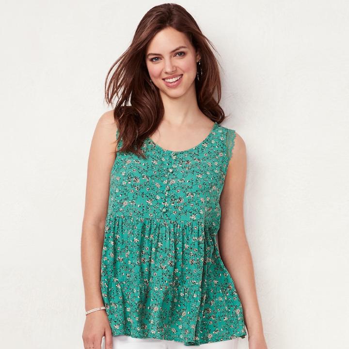 Women's Lc Lauren Conrad Lace-trim Babydoll Tank, Size: Medium, Blue