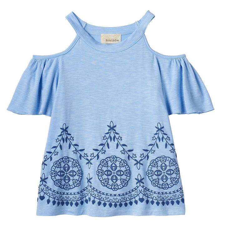 Girls 7-16 Rewind Cold Shoulder Printed Embroidery Border Top, Girl's, Size: Small, Blue Other