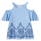 Girls 7-16 Rewind Cold Shoulder Printed Embroidery Border Top, Girl's, Size: Small, Blue Other