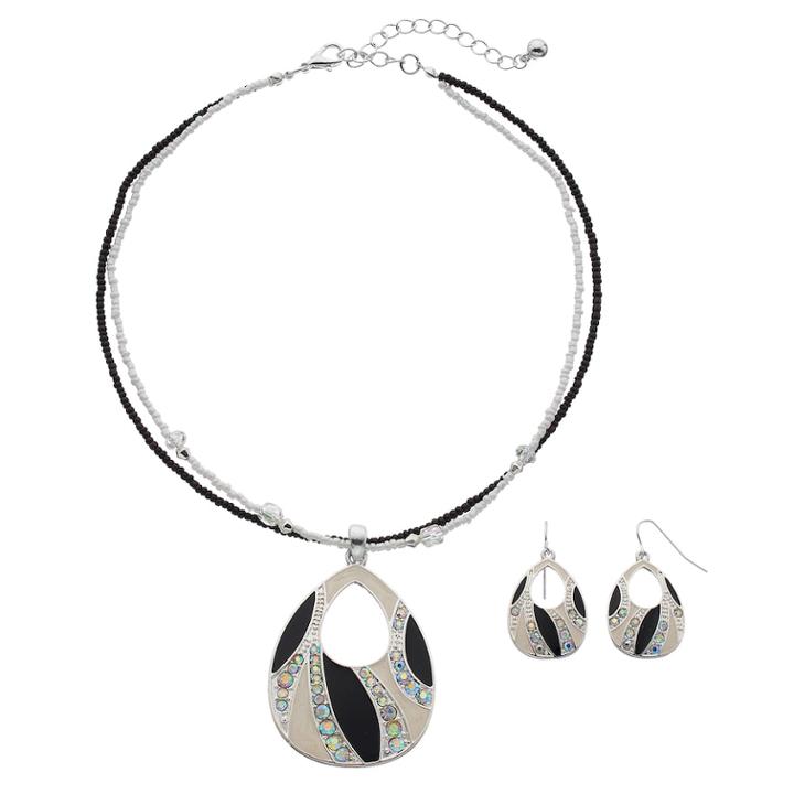 Cutout Teardrop Pendant Necklace & Earring Set, Women's, Black