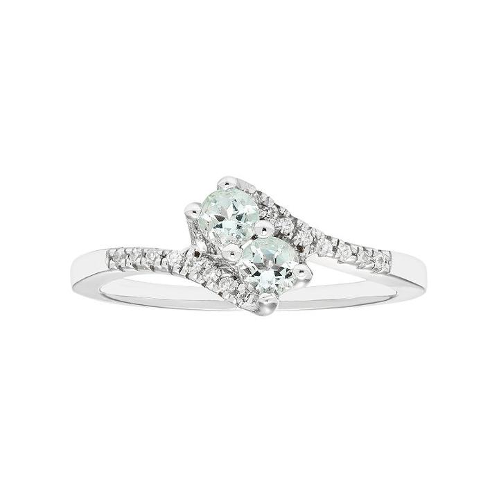 Sterling Silver Aquamarine Two Stone & Diamond Accent Bypass Ring, Women's, Size: 7, Blue