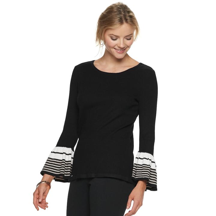 Women's Elle&trade; Striped Bell Sleeve Crewneck Sweater, Size: Xxl, Black