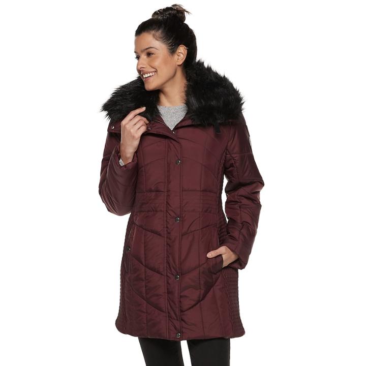Women's Weathercast Faux-fur Collar Puffer Walker Coat, Size: Small, Red