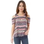 Junior's Iz Byer Scallop Edge Cold Shoulder Top, Teens, Size: Small, Denim Floral Stripe
