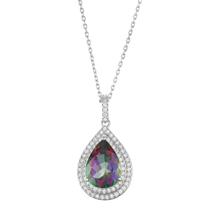 Sterling Silver Mystic Fire Topaz & Cubic Zirconia Teardrop Halo Pendant, Women's, Size: 18, Purple