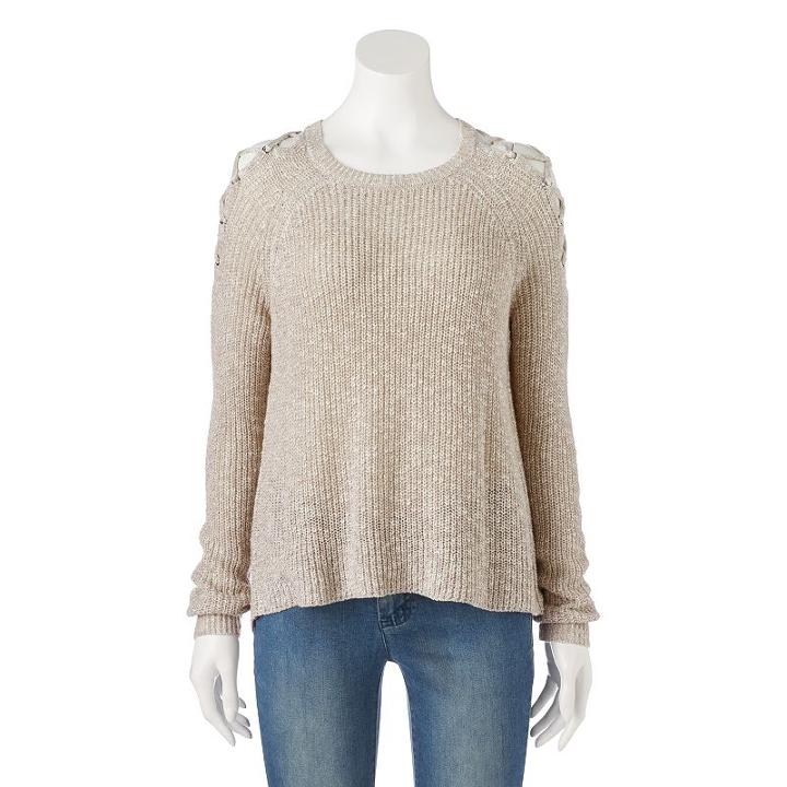 Juniors' Cloud Chaser Lace-up Cold-shoulder Sweater, Girl's, Size: Medium, Beige Oth