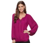 Women's Jennifer Lopez Lace-up Peasant Blouse, Size: Large, Dark Pink
