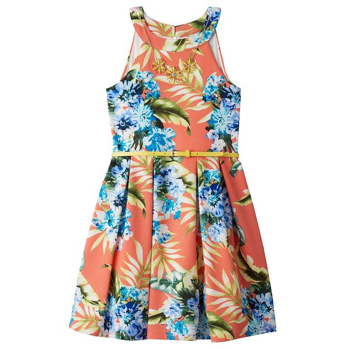Girls 7-16 Knitworks Floral Textured Skater Dress With Necklace, Girl's, Size: 12, Lt Orange