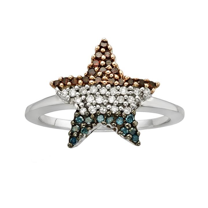 Sterling Silver 1/4-ct. T.w. Red, White And Blue Diamond American Flag Star Ring, Women's, Size: 7, Multicolor