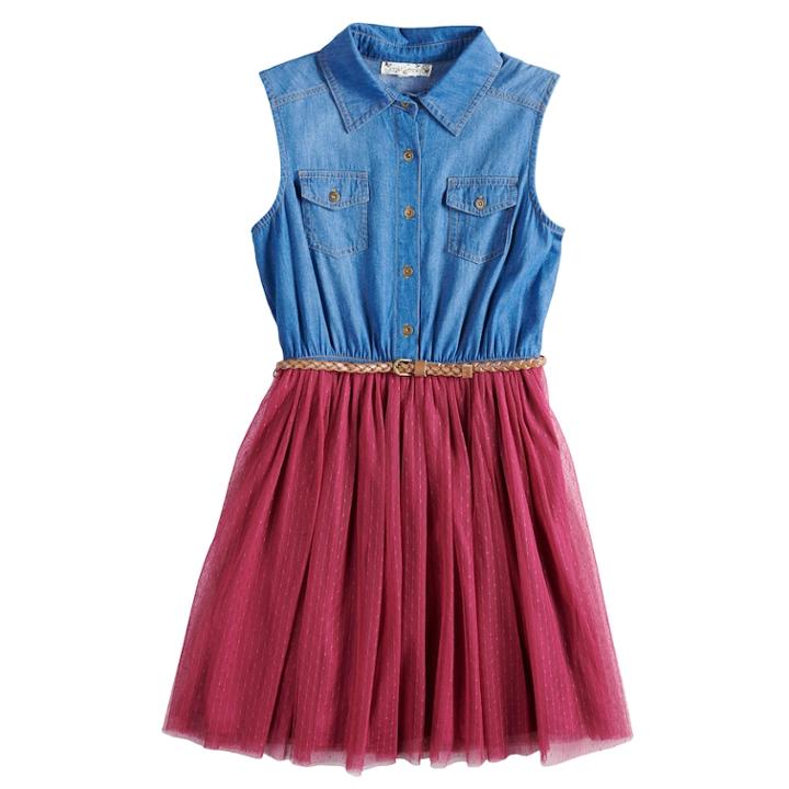 Girls 7-16 & Plus Size Knitworks Sleeveless Denim Bodice Belted Dress, Size: 20 1/2, Dark Red