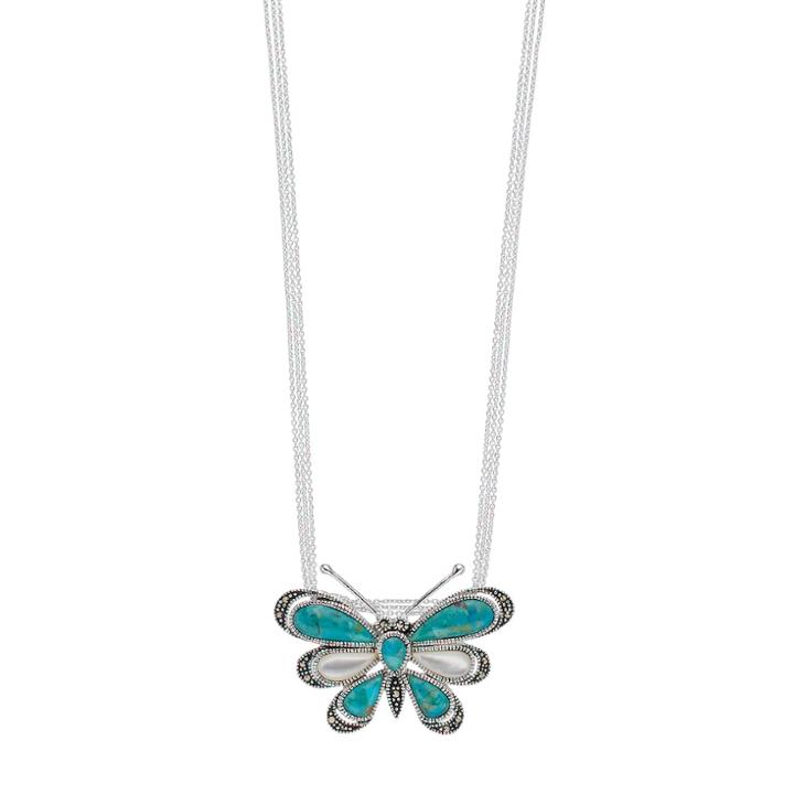 Le Vieux Simulated Turquoise, Mother-of-pearl & Marcasite Butterfly Pendant, Women's, Size: 17, Blue