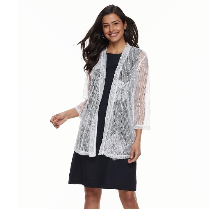 Women's Nina Leonard Sheer Open-front Cardigan, Size: Medium, White