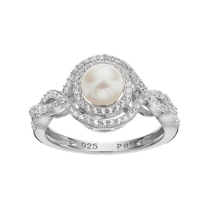 Sterling Silver Freshwater Cultured Pearl & Lab-created White Sapphire Swirl Ring, Women's, Size: 8