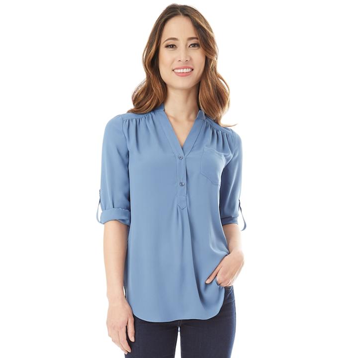 Juniors' Iz Byer Roll-tab Popover Top, Teens, Size: Small, Med Blue