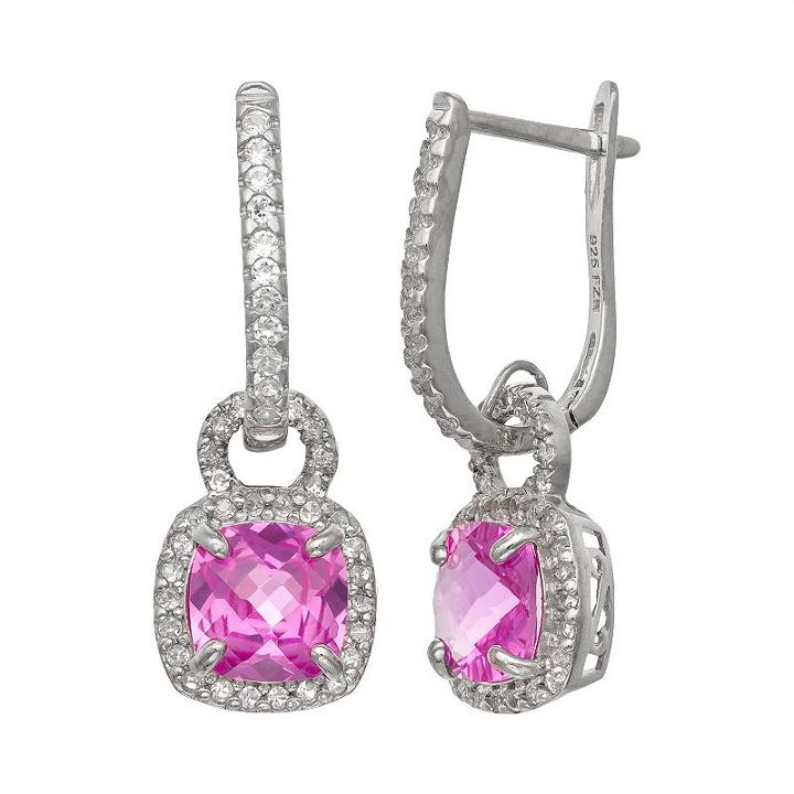 Sterling Silver Lab-created Pink And White Sapphire Square Halo Drop Earrings, Women's