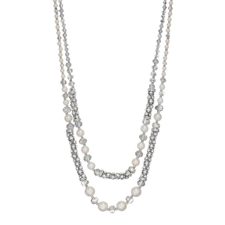 Simulated Pearl & Simulated Crystal Double Strand Necklace, Women's, White