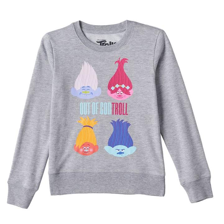 Girls 7-16 Dreamworks Trolls Guy Diamond, Poppy, Dj Suki & Branch Fleece-lined Top, Girl's, Size: Xl, Med Grey