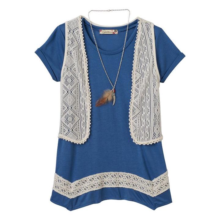 Girls Plus Size Speechless 4-point Tee, Crochet Vest & Necklace Set, Girl's, Size: Xl Plus, Med Blue