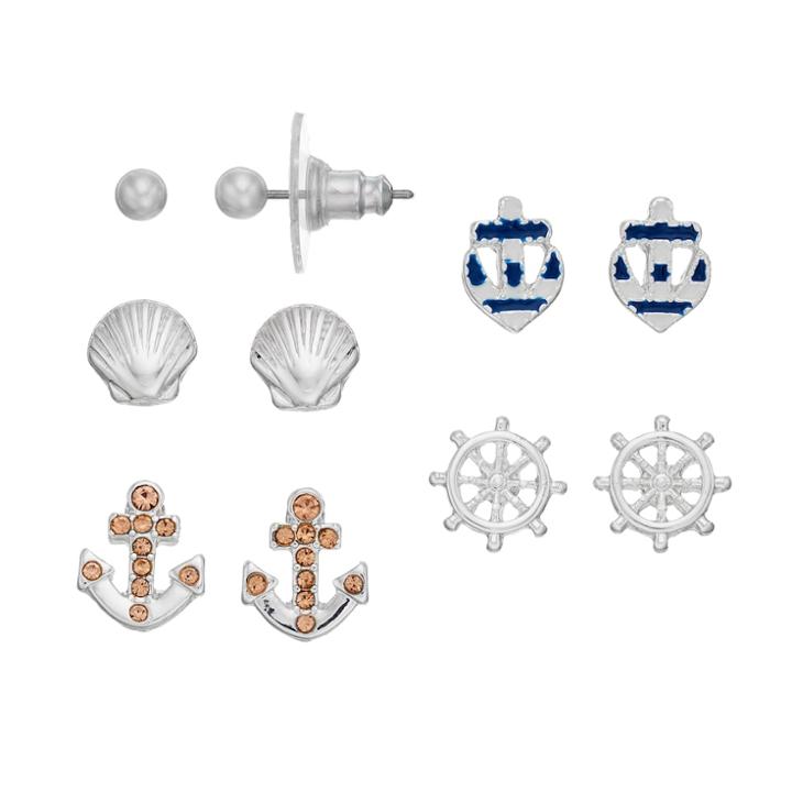 Lc Lauren Conrad Seashell, Anchor & Ship Wheel Nickel Free Stud Earring Set, Women's, Silver