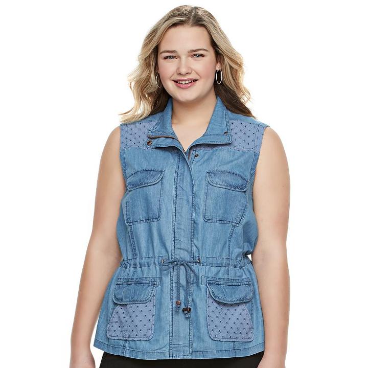 Juniors' Plus Size Candie's&reg; Eyelet Utility Vest, Girl's, Size: 2xl, Med Blue