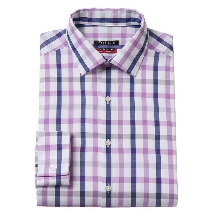 Men's Van Heusen Slim-fit Checked Flex Collar Dress Shirt, Size: 18 36/37, Purple