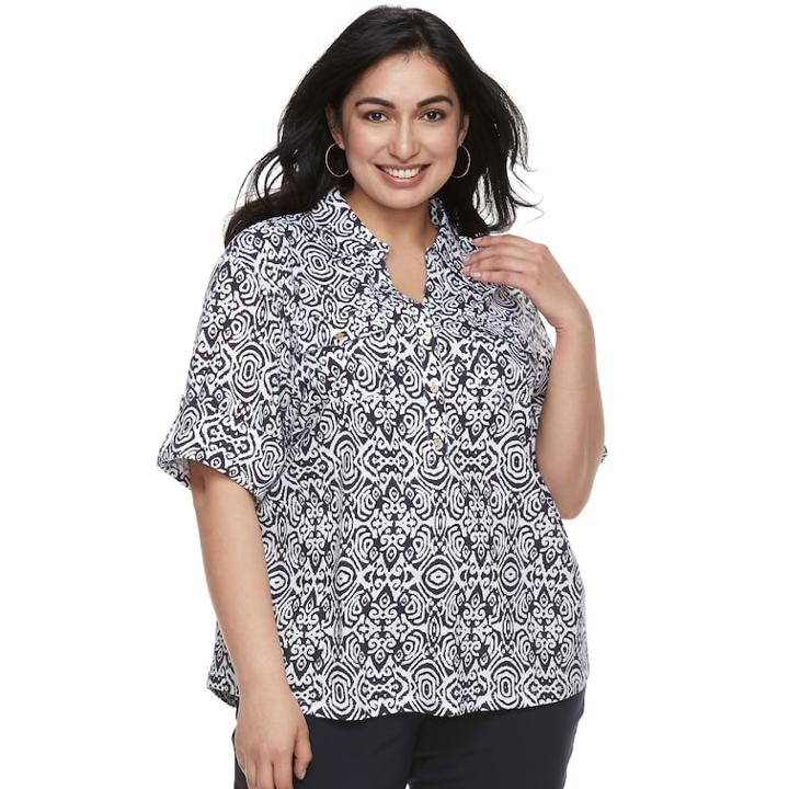 Plus Size Cathy Daniels Scroll Henley Top, Women's, Size: 1xl, Blue