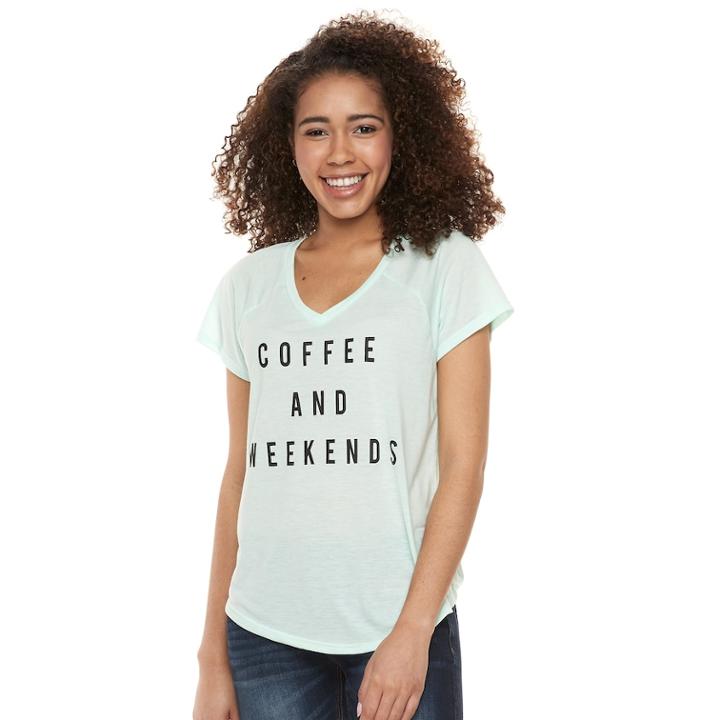 Juniors' Coffee And Weekends V-neck Graphic Tee, Teens, Size: Small, Lt Green