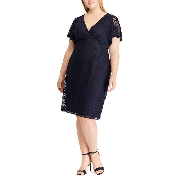 Plus Size Chaps Lace Flutter Sleeve Empire Dress, Women's, Size: 16 W, Blue (navy)