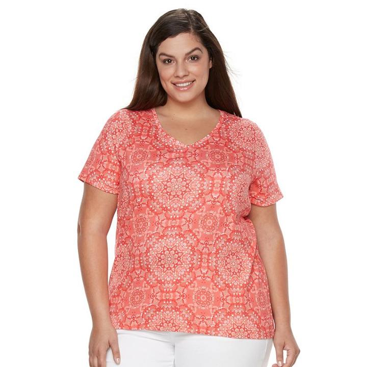 Plus Size Croft & Barrow&reg; Print Asymmetrical-hem Tee, Women's, Size: 1xl, Lt Orange