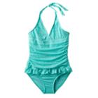 Girls Plus Size So&reg; Blue Crocheted Halter One-piece Swimsuit, Girl's, Size: 8 1/2, Med Green