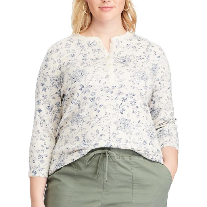 Plus Size Chaps 3/4-sleeve Henley, Women's, Size: 2xl, Beig/green (beig/khaki)