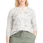 Plus Size Chaps 3/4-sleeve Henley, Women's, Size: 2xl, Beig/green (beig/khaki)