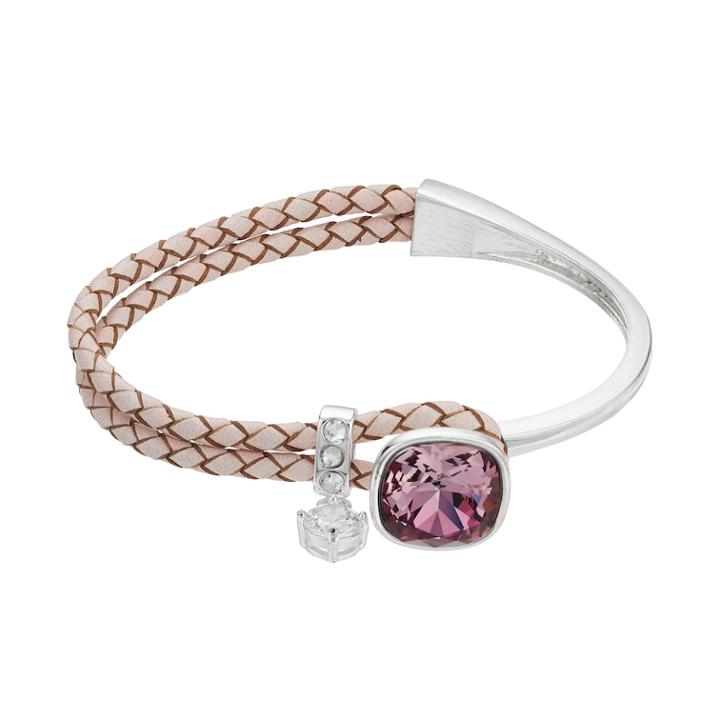 Brilliance Cubic Zirconia Braided Pink Leather Bracelet With Swarovski Crystals, Women's, Med Pink