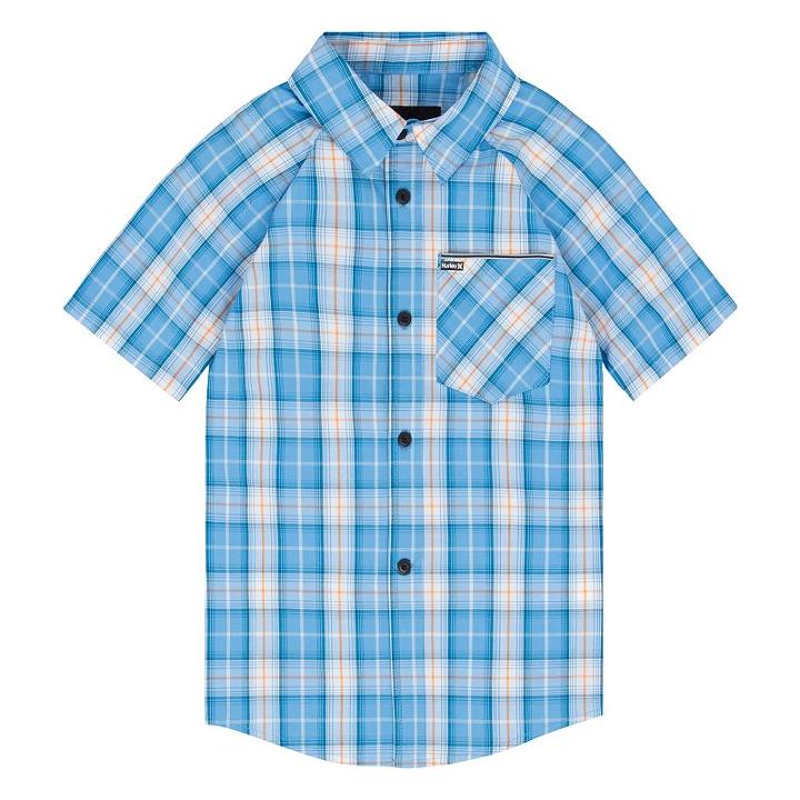 Boys 4-7 Hurley Raglan Short Sleeve Woven Plaid Shirt, Boy's, Size: 7, Light Blue