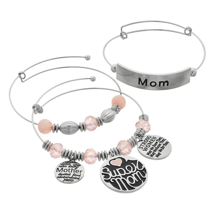 Mom Charm Bangle Bracelet Set, Women's, Pink