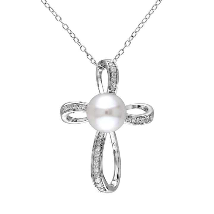 Stella Grace Freshwater Cultured Pearl & 1/10 Carat T.w. Diamond Sterling Silver Ribbon Cross Pendant Necklace, Women's, Size: 18, White