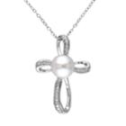 Stella Grace Freshwater Cultured Pearl & 1/10 Carat T.w. Diamond Sterling Silver Ribbon Cross Pendant Necklace, Women's, Size: 18, White